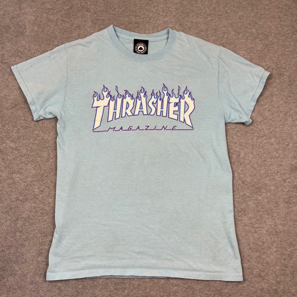 Thrasher T-Shirt Womens Small Light Blue Magazine Flame Logo Short Sleeve Skater